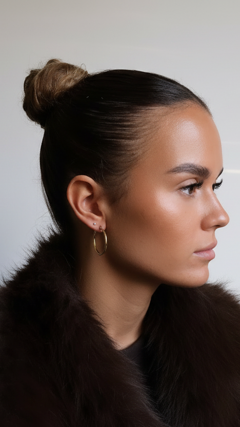 Woman with a bun hairstyle wearing a fur coat against a neutral background